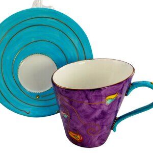 One-of-a-Kind Porcelain Coffee Mug Cup &Saucer Teal Blue Purple Slanted Top Set